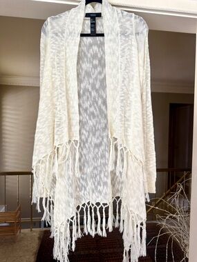 Forever 21 Ivory Fringe Open-Front Knit Cardigan